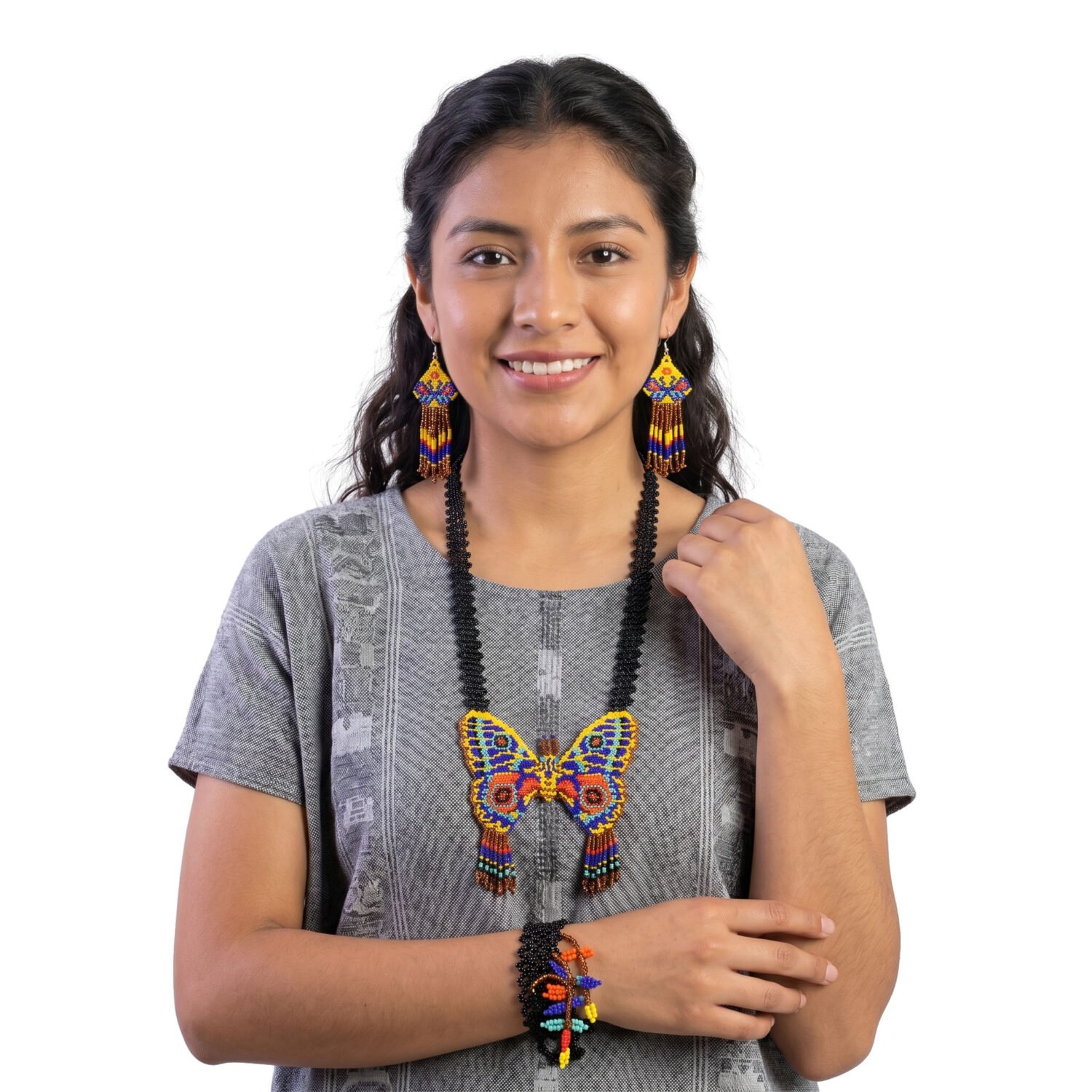 Set Collar Largo Huichol Con Aretes Y Pulsera De Mariposa - Image 4