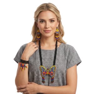 Set Collar Largo Huichol Con Aretes Y Pulsera De Mariposa