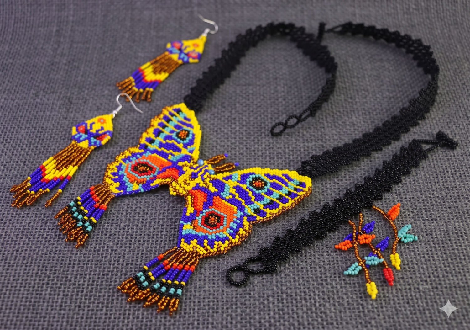 Set Collar Largo Huichol Con Aretes Y Pulsera De Mariposa - Image 5