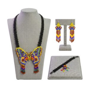 Set Collar Largo Huichol Con Aretes Y Pulsera De Mariposa