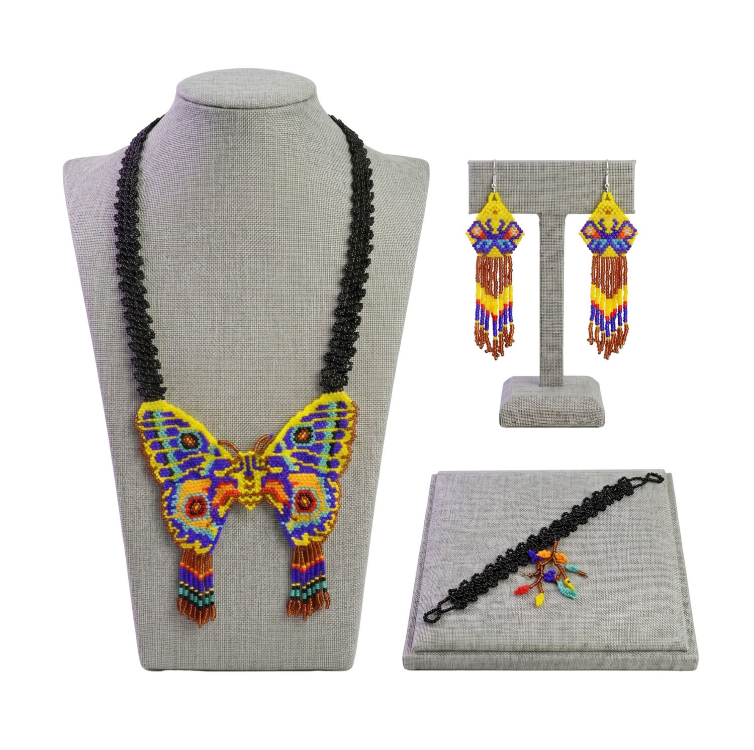 Set Collar Largo Huichol Con Aretes Y Pulsera De Mariposa