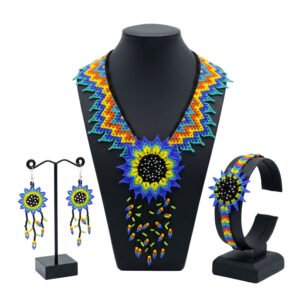 Set Collar Aretes Y Pulsera De Chaquira Girasol Arte Huichol