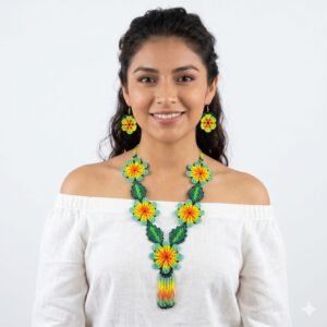 Collar Y Aretes De Chaquira Floral Huichol Artesanal