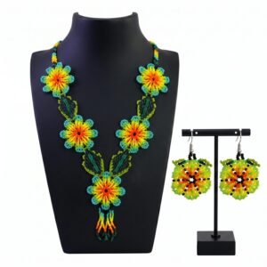 Collar Y Aretes De Chaquira Floral Huichol Artesanal