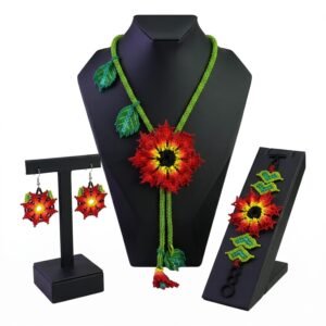 Juego De Collar Pulsera Y Aretes De Chaquira Flor Huichol