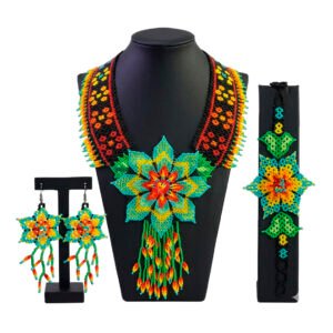 Juego Collar Aretes Pulsera Chaquira Huichol Flor Artesanal