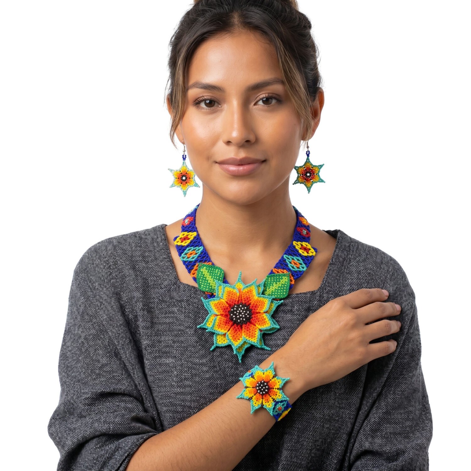 Set Gargantilla Chaquira Girasol Con Aretes Y Pulsera - Image 5