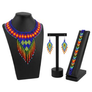 Set Collar de Chaquira Huichol Gargantilla con Flecos