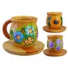 Taza De Madera Pintada A Mano Con Plato Artesanal Flores