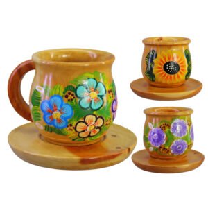 Taza De Madera Pintada A Mano Con Plato Artesanal Flores