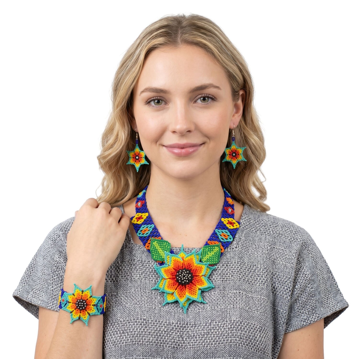 Set Gargantilla Chaquira Girasol Con Aretes Y Pulsera - Image 6