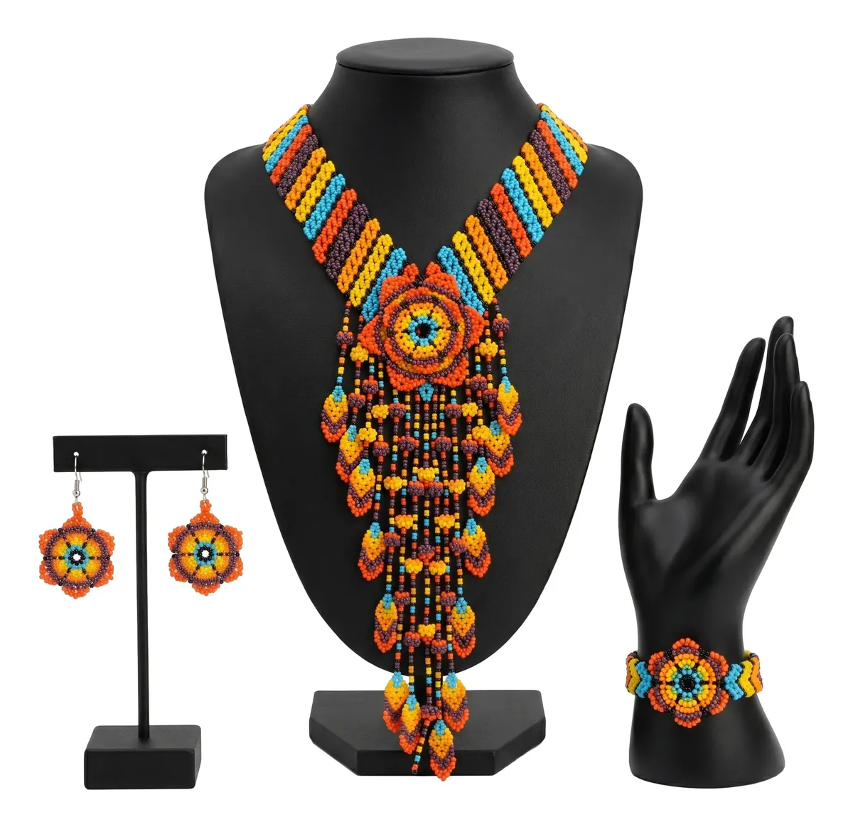 Set Collar Largo Cascada De Chaquira Arte Huichol
