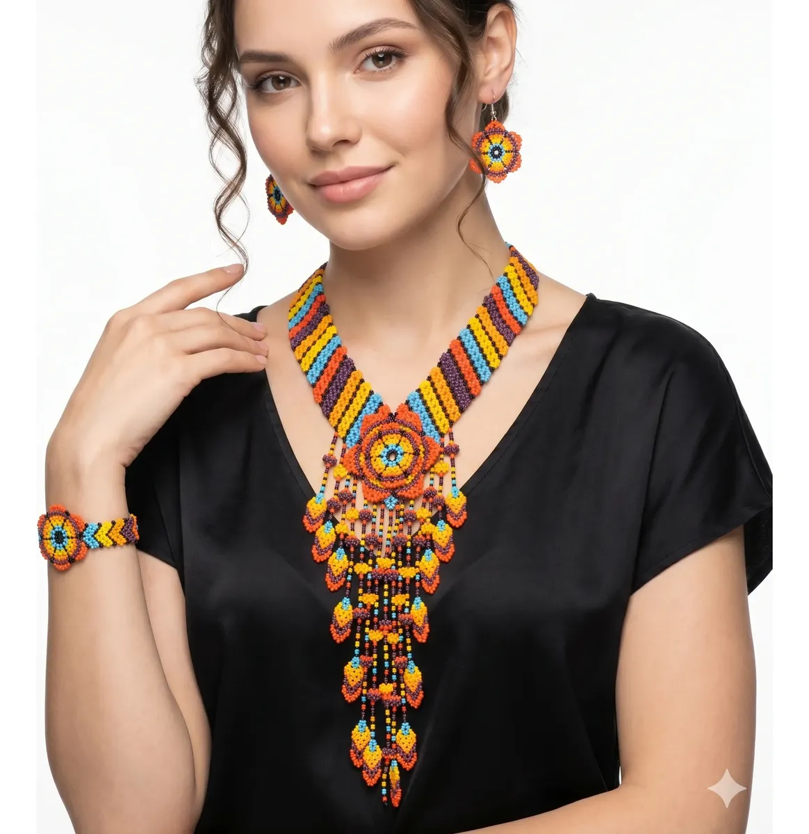 Set Collar Largo Cascada De Chaquira Arte Huichol - Image 2