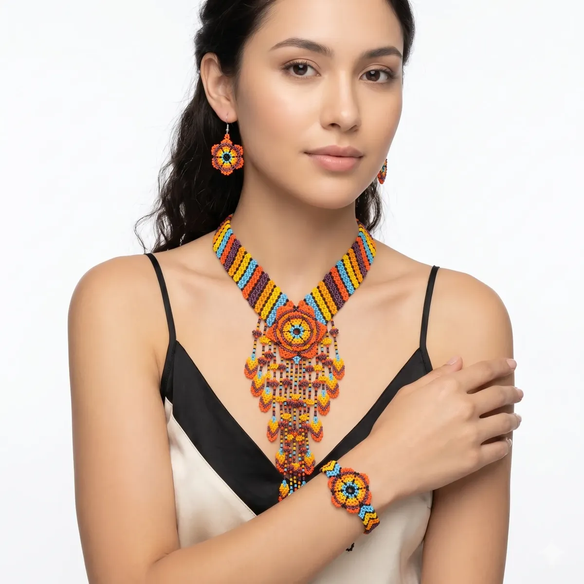 Set Collar Largo Cascada De Chaquira Arte Huichol - Image 4