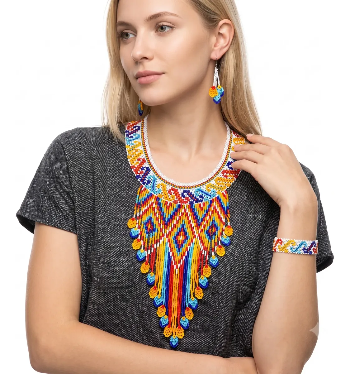 Juego de Collar Flecos Pulsera y Aretes de Chaquira Huichol - Image 2