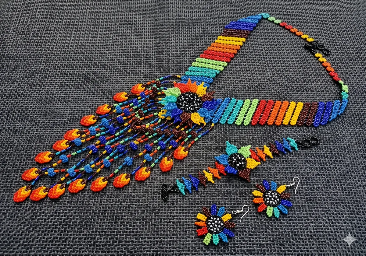 Set Collar Largo Cascada De Chaquira Arte Huichol - Image 3