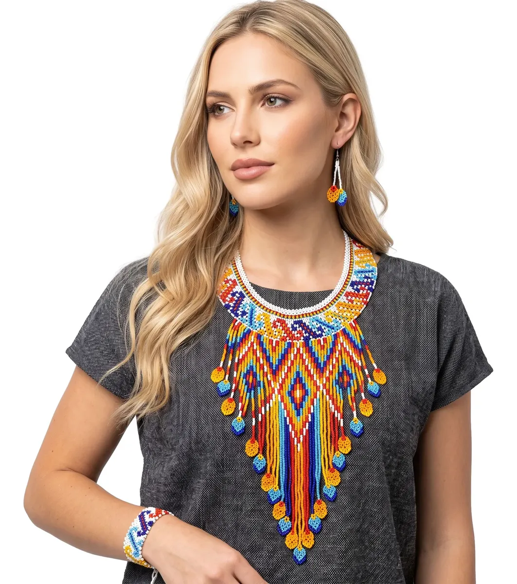 Juego de Collar Flecos Pulsera y Aretes de Chaquira Huichol - Image 4