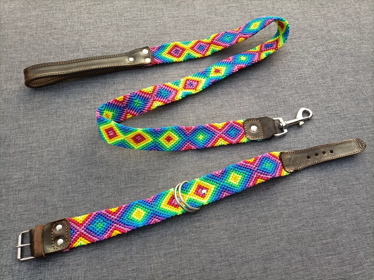 Set Collar Y Correa Artesanal Multicolor Para Perro Mediano 45cm - Image 2