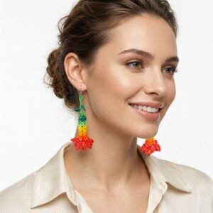 Aretes De Chaquira Largos Flor Campana Colgantes Boho