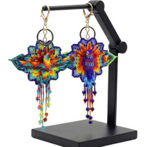 Llavero Grande De Chaquira Diseño Flor Y Colibrí Artesanal