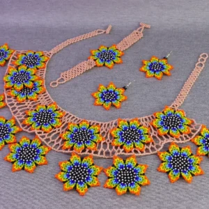 Juego De Collar Aretes Pulsera Chaquira Huichol Girasoles