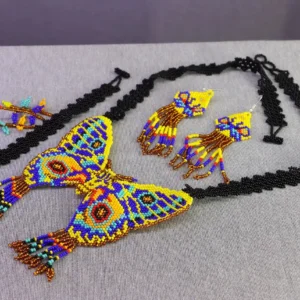 Set Collar Aretes Y Pulsera Mariposa De Chaquira Huichol
