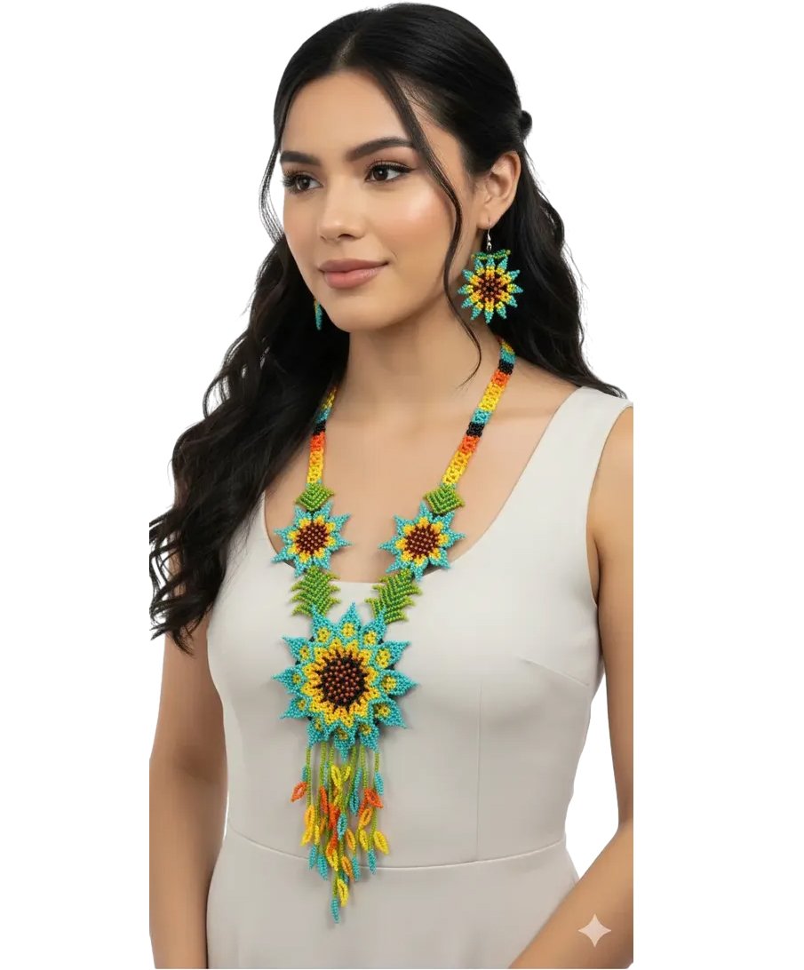 Set Collar Largo De Girasol Aretes Y Pulsera Huichol - Imagen 4