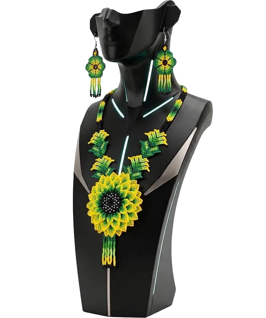 Set Collar De Flor Grande Chaquira Arte Huichol - Imagen 4
