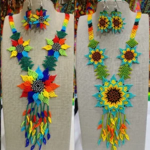 Set Collar Largo De Girasol Aretes Y Pulsera Huichol