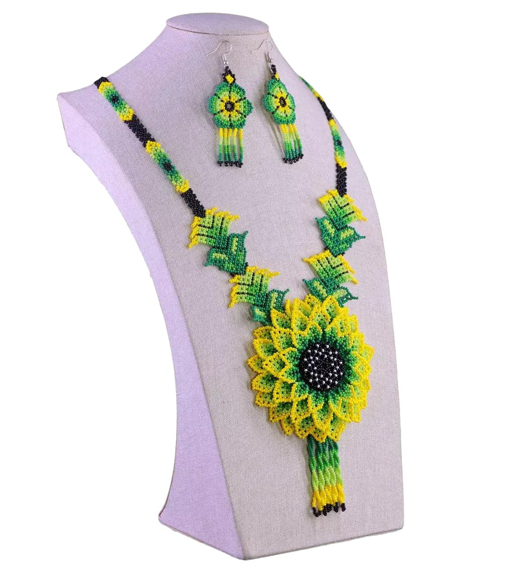 Set Collar De Flor Grande Chaquira Arte Huichol