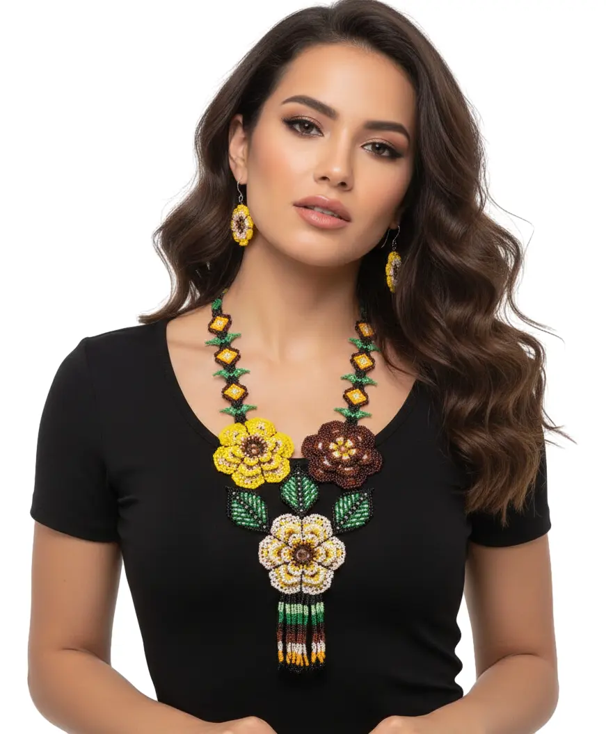 Juego De Collar Largo Con Aretes Y Pulsera Arte Huichol - Imagen 2