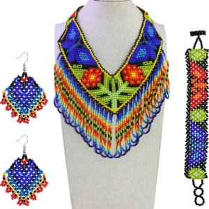 Set Collar Artesanal Mexicano Chaquira Huichol con Aretes y Pulsera