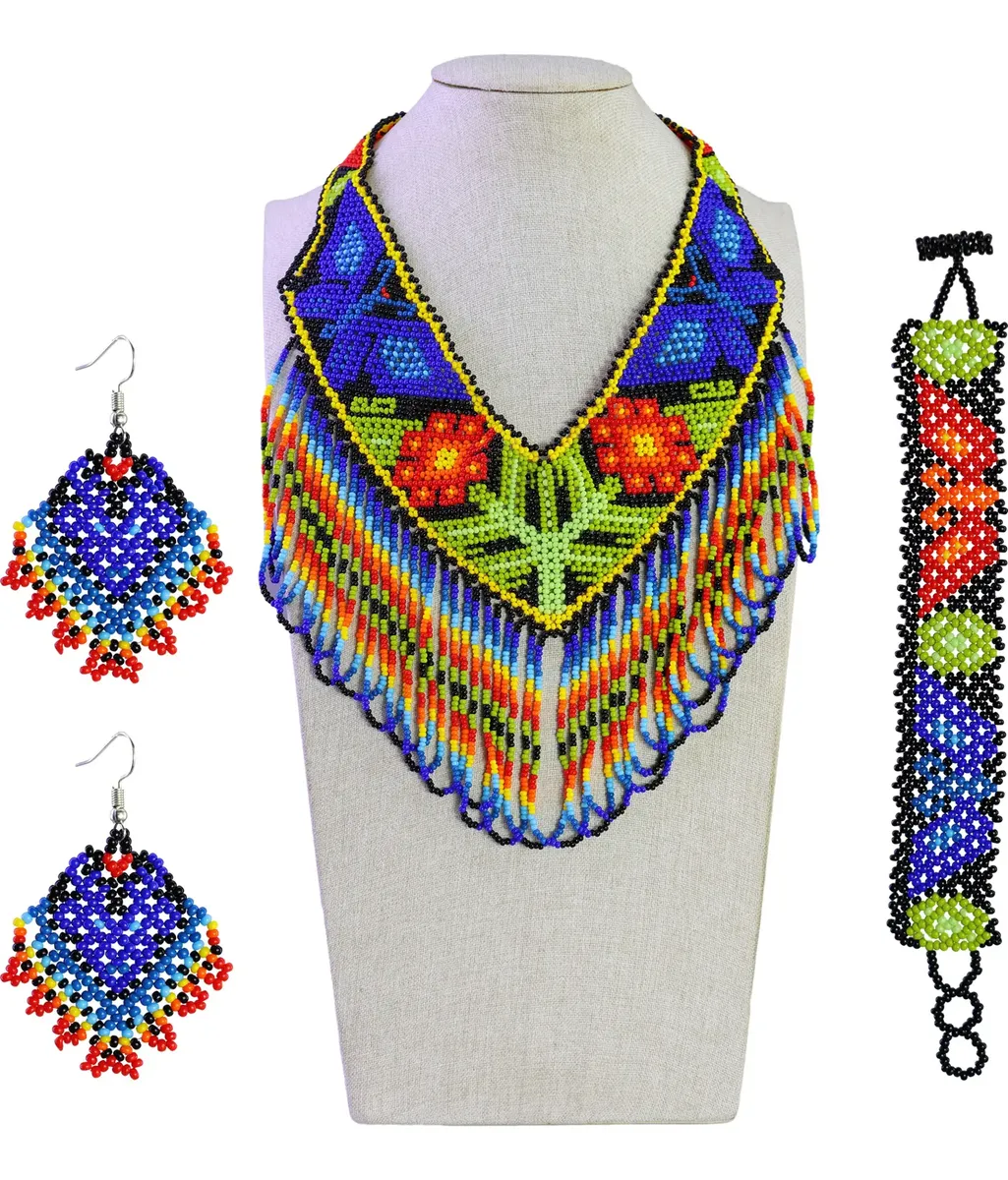 Set Collar Artesanal Mexicano Chaquira Huichol con Aretes y Pulsera