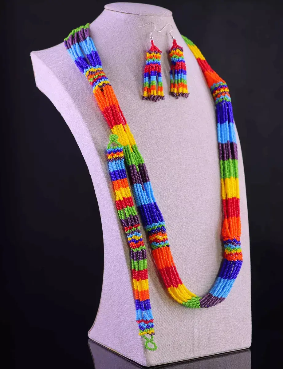 Set Collar Aretes Y Pulsera De Chaquira Zulu Artesanal