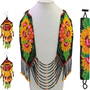 Set Collar Grande Huichol de Chaquira Diseño Floral Hecho a Mano
