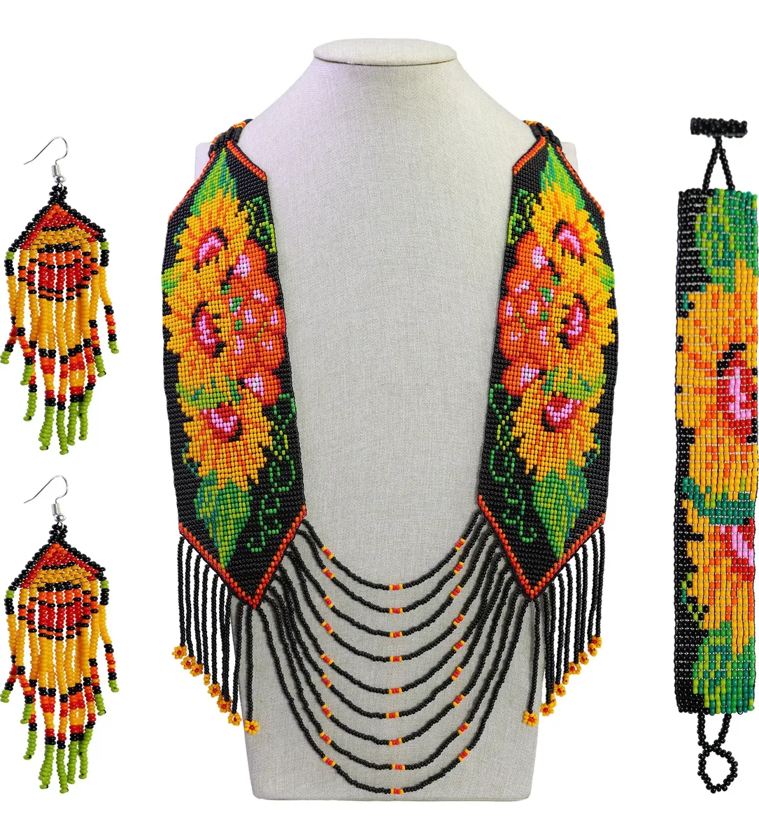 Set Collar Grande Huichol de Chaquira Diseño Floral Hecho a Mano