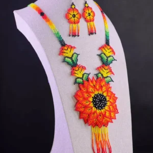 Set Collar De Flor Grande Chaquira Arte Huichol