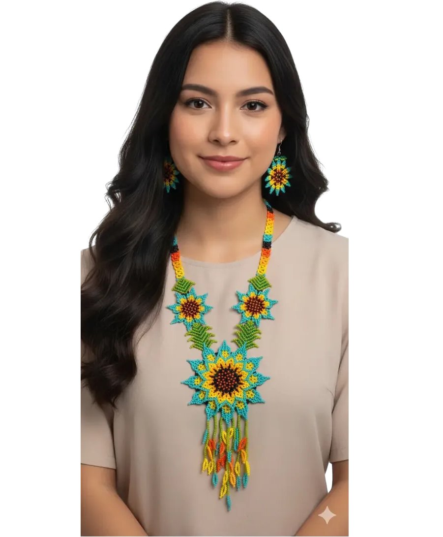 Set Collar Largo De Girasol Aretes Y Pulsera Huichol - Imagen 3