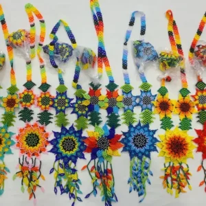 Set Collar Largo De Girasol Aretes Y Pulsera Huichol