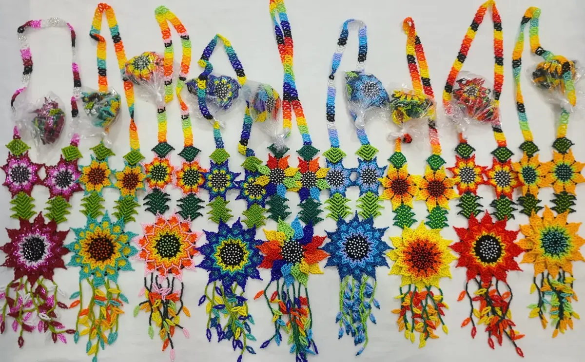 Set Collar Largo De Girasol Aretes Y Pulsera Huichol - Imagen 2