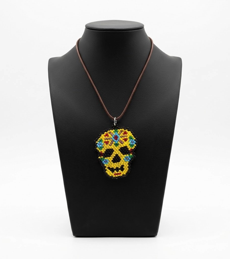 Collar Dije Calavera Chaquira Artesanal Huichol
