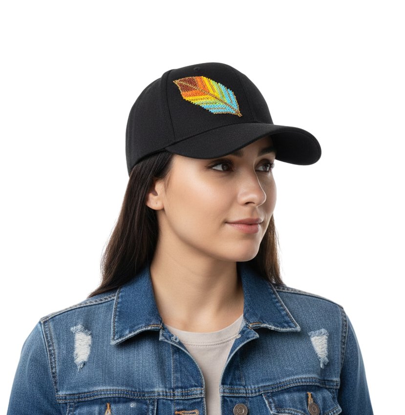 Gorra Con Bordado De Chaquira Huichol Diseño Pluma